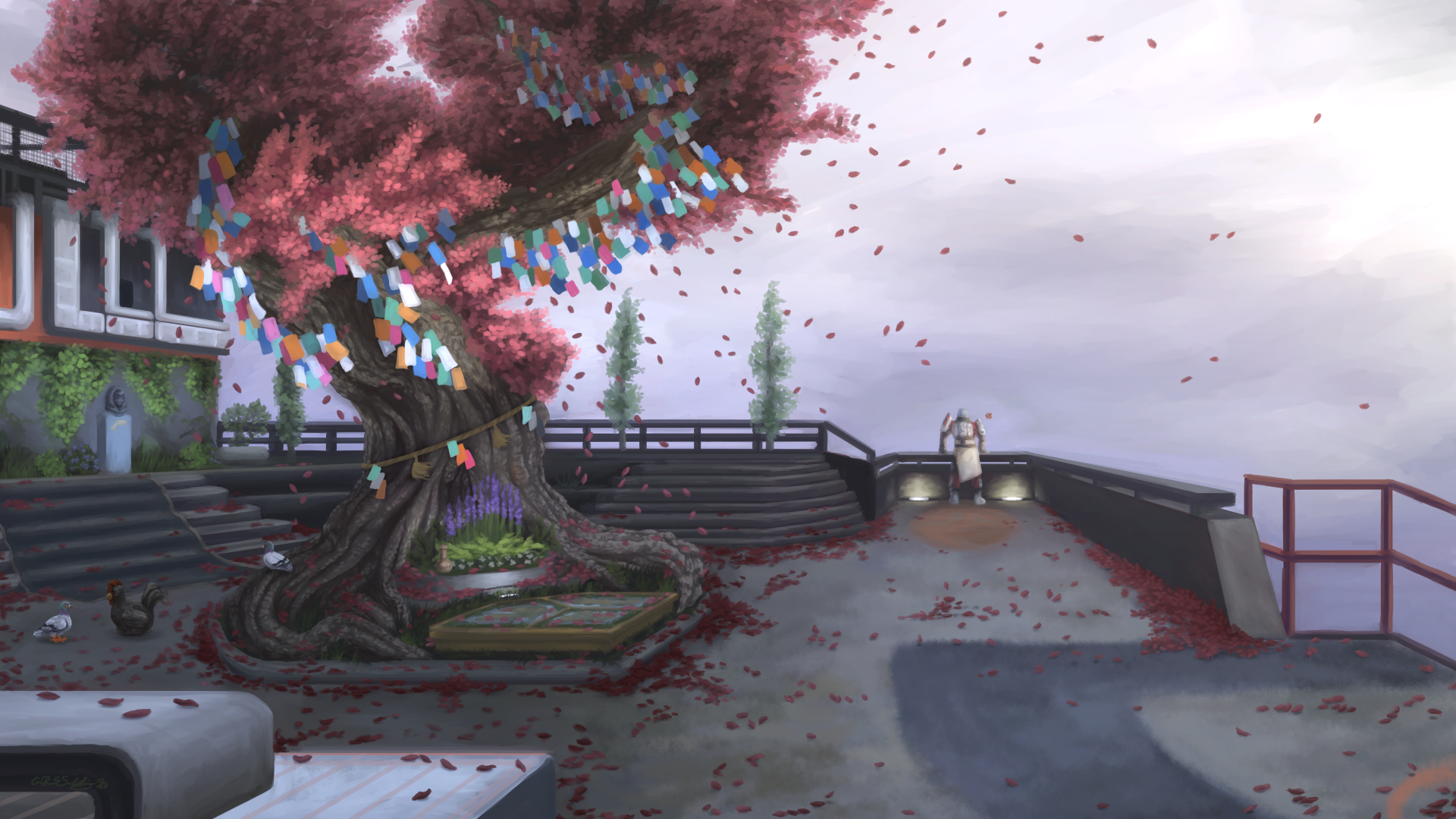 A digital painting of the Ironwood Tree in the Tower from the video game Destiny 2. The painting shows the tree softly lit in the light of sunrise with wind blowing through the leaves and decorations. The Colonel is resting under the tree with some pigeons. In the background, Commander Zavala is overlooking the Last City with his ghost, Targe.