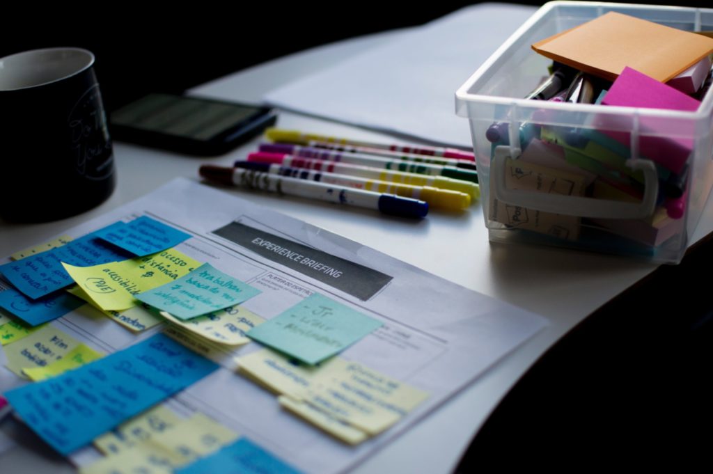 A photograph of a desk covered with papers and office supplies. The papers are covered with sticky notes with written lists and ideas.