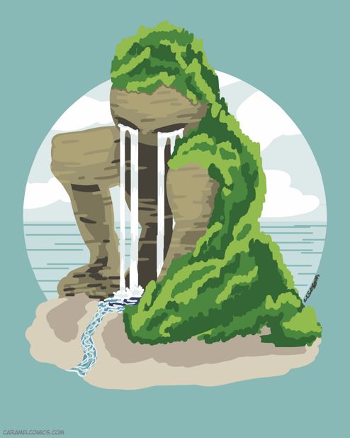 A digital illustration of a stylized island in the ocean. The island is shaped to look like a person leaning over and crying.