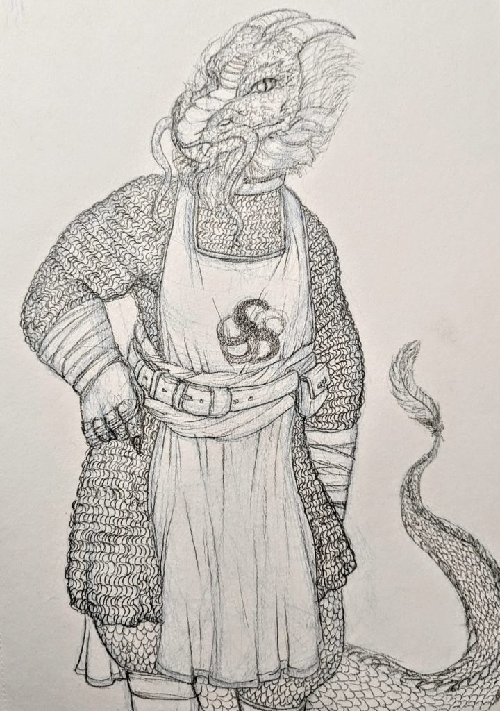 Pencil sketch of a TTRPG Paladin Dragonborn character.